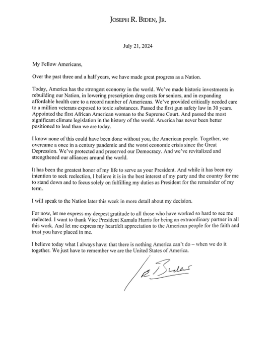 Joe Biden letter - President Joe Biden Withdraws as 2024 Democratic Nominee, Endorses Kamala Harris